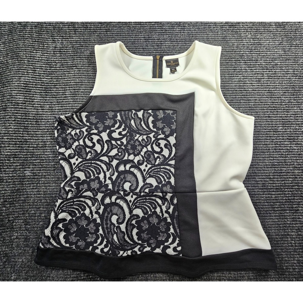 Worthington Top Womens XL White Black Stretch Lace Round Neck Casual Minimalist